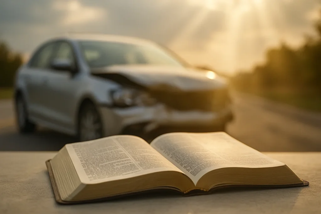 An open Holy Bible bathed in golden light beside a damaged car, symbolizing faith, divine protection, and peace after a car accident.