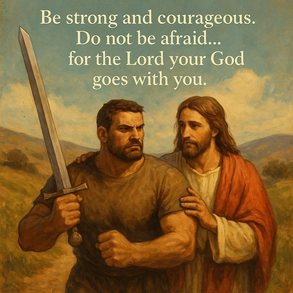 A hand-painted Christian illustration of Jesus walking beside a strong man holding a sword, symbolizing courage and faith, inspired by Deuteronomy 31:6 — “Be strong and courageous. Do not be afraid, for the Lord your God goes with you.”
