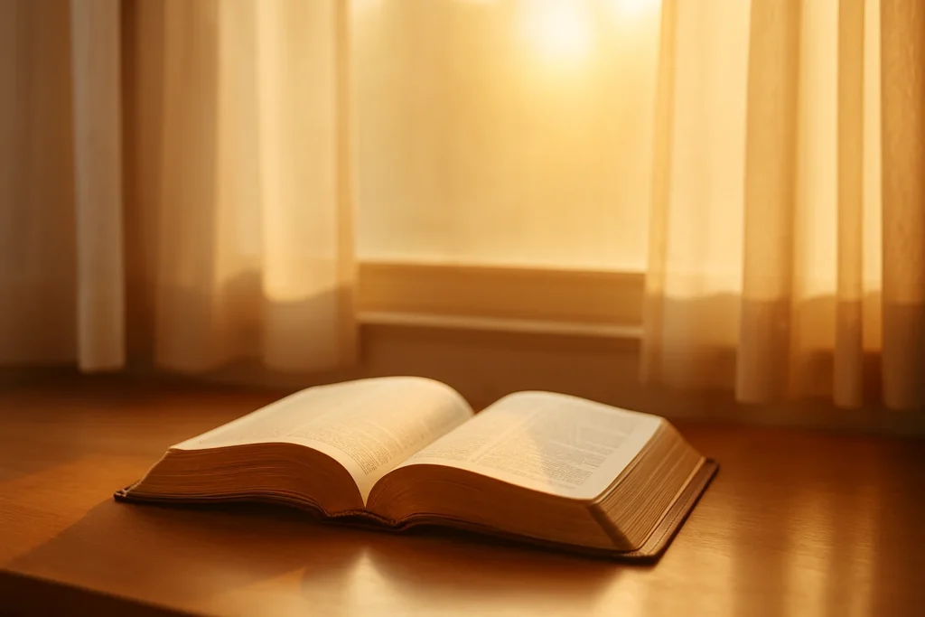 Open Bible on wooden table near window with warm sunlight shining through soft curtains, symbolizing comfort, renewal, and faith