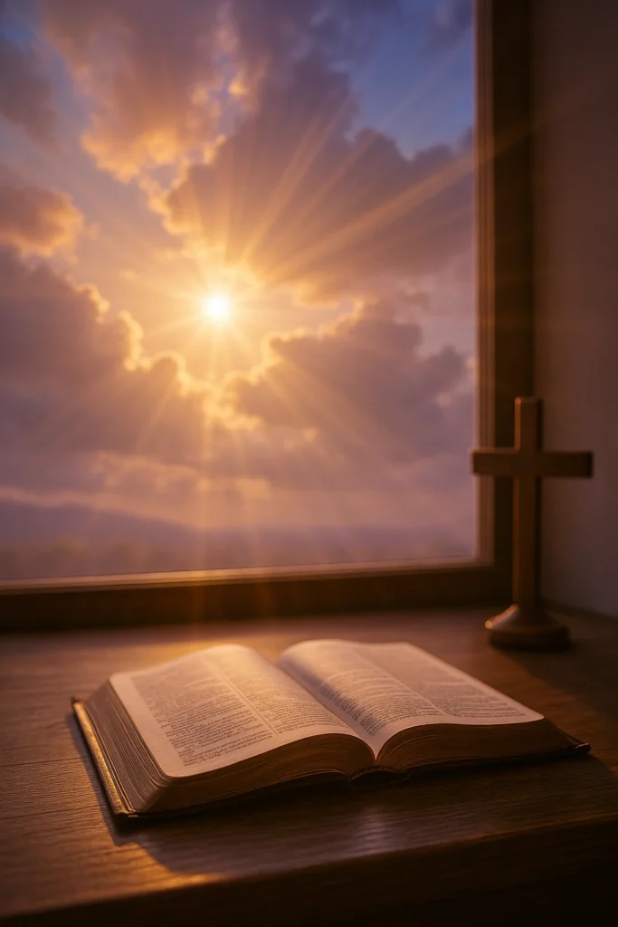 Calm sunlight streaming through clouds onto an open Bible, symbolizing peace, hope, and the comforting presence of God.