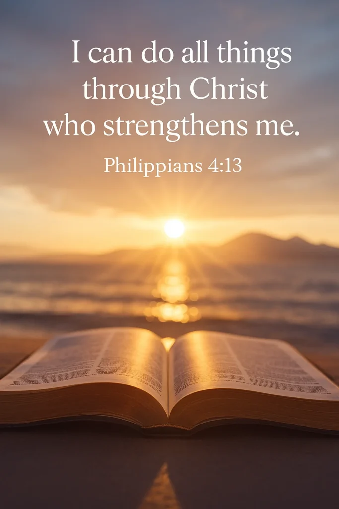 Open Bible with warm golden light and the verse Philippians 4:13, symbolizing strength, courage, and faith in God.