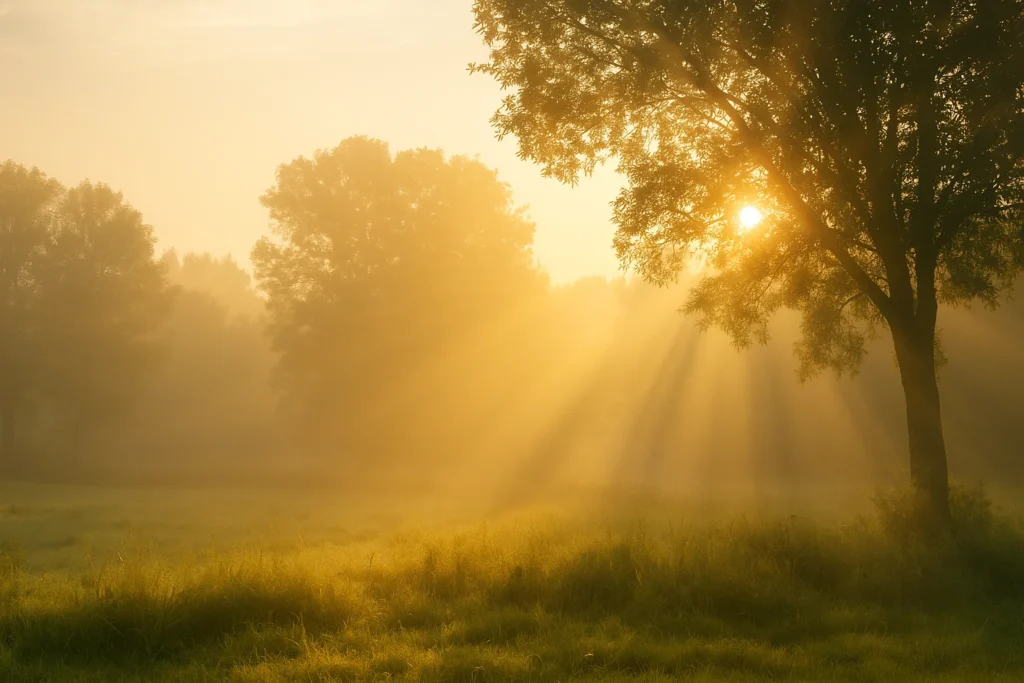 Golden sunlight shining gently through tall trees at dawn, illuminating a misty field — symbolizing divine comfort, eternal hope, and peace for grieving hearts.