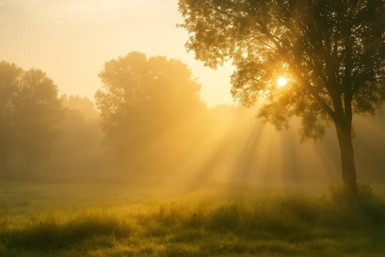 Golden sunlight shining gently through tall trees at dawn, illuminating a misty field — symbolizing divine comfort, eternal hope, and peace for grieving hearts.