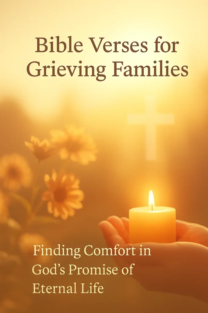 Hands holding a lit candle surrounded by warm golden light and soft flowers, with a glowing cross in the background — symbolizing comfort, faith, and eternal hope.