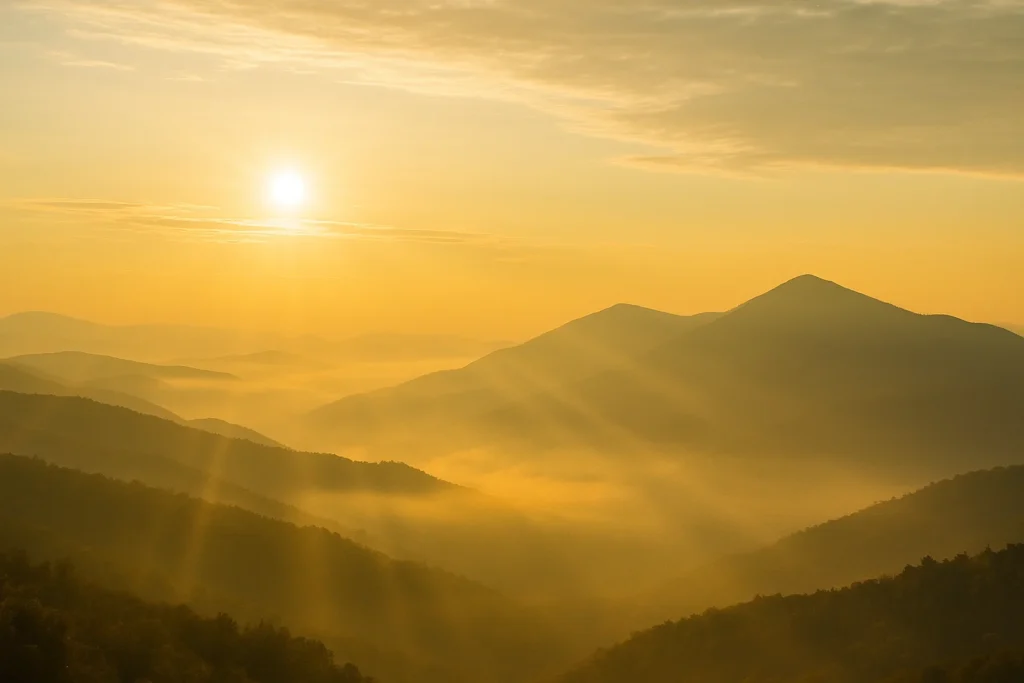 Bible Verses for Strength and Overcoming Fear - Golden sunlight breaking through soft clouds over peaceful mountain peaks at dawn, symbolizing divine strength, courage, and the peace that overcomes fear.