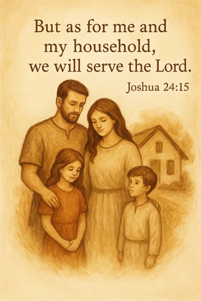 A hand-painted Christian illustration of a family standing together in front of their home, inspired by Joshua 24:15 — “But as for me and my household, we will serve the Lord.” The warm tones symbolize faith, unity, and devotion.