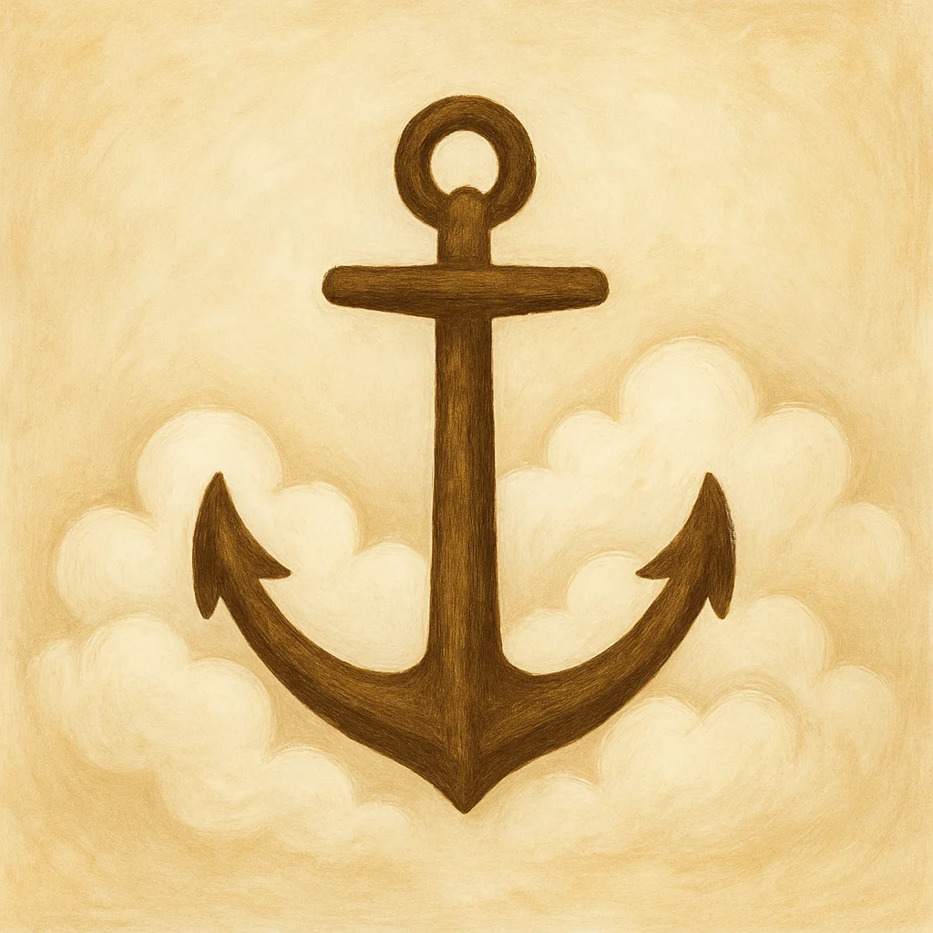 A hand-painted Christian illustration of an anchor surrounded by soft clouds on a warm beige background, symbolizing steadfast faith and spiritual strength.