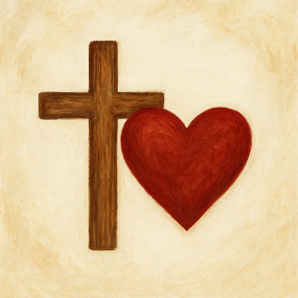 A hand-painted Christian illustration of a wooden cross and red heart symbolizing God’s love and faith on a warm beige background.