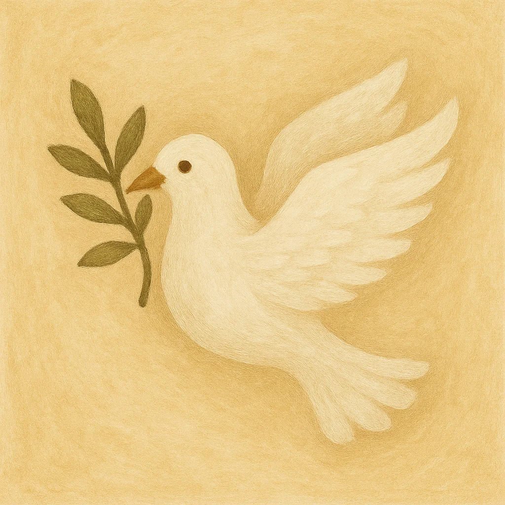 A hand-painted Christian illustration of a white dove carrying an olive branch on a warm beige background, representing peace, purity, and the Holy Spirit.