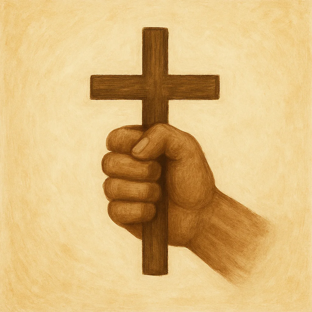 A hand-painted Christian artwork showing a strong hand gripping a wooden cross on a warm beige background, symbolizing inner strength and unwavering faith in God.
