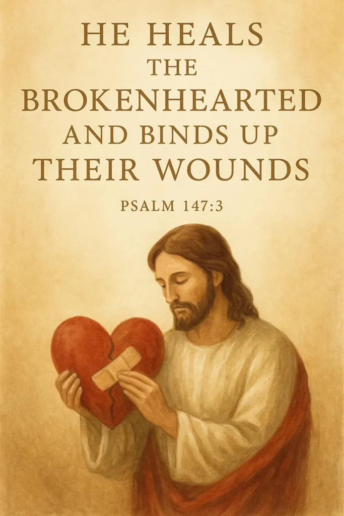 A hand-painted Christian illustration of Jesus gently healing a broken red heart with a bandage, inspired by Psalm 147:3 — “He heals the brokenhearted and binds up their wounds.” The warm beige tones evoke comfort and divine compassion.
