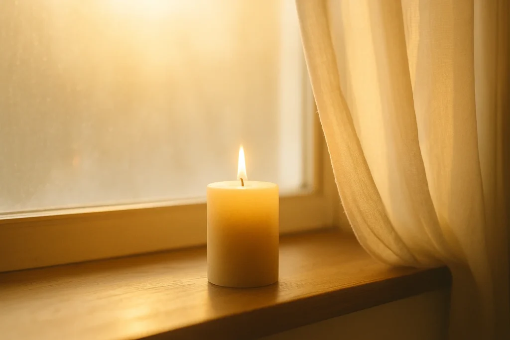 Soft golden light shines through a window onto a lit candle on a wooden sill beside sheer curtains, symbolizing calm, reflection, and God’s comforting presence.