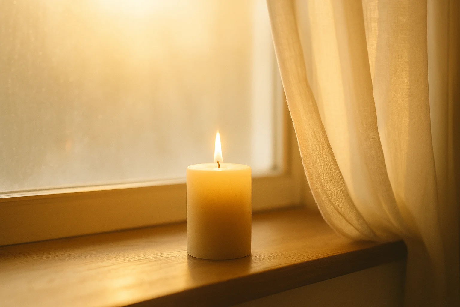Soft golden light shines through a window onto a lit candle on a wooden sill beside sheer curtains, symbolizing calm, reflection, and God’s comforting presence.