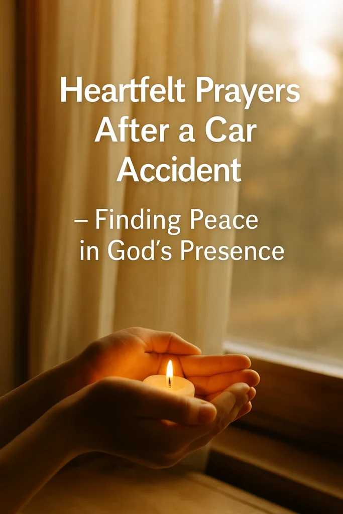 Hands gently holding a glowing candle near a window with warm golden light, symbolizing prayer, hope, and peace after a car accident.