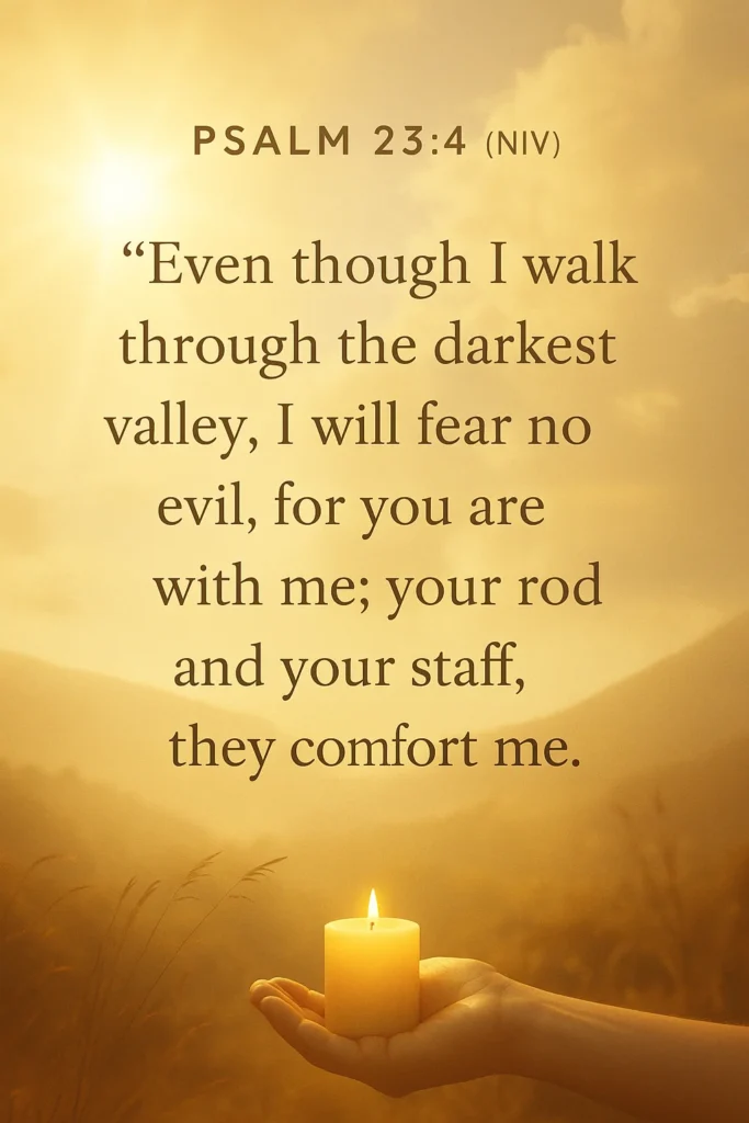 Bible Verses for Grieving Families - A hand holding a lit candle under golden sunlight, with Psalm 23:4 text: “Even though I walk through the darkest valley, I will fear no evil, for you are with me; your rod and your staff, they comfort me.”