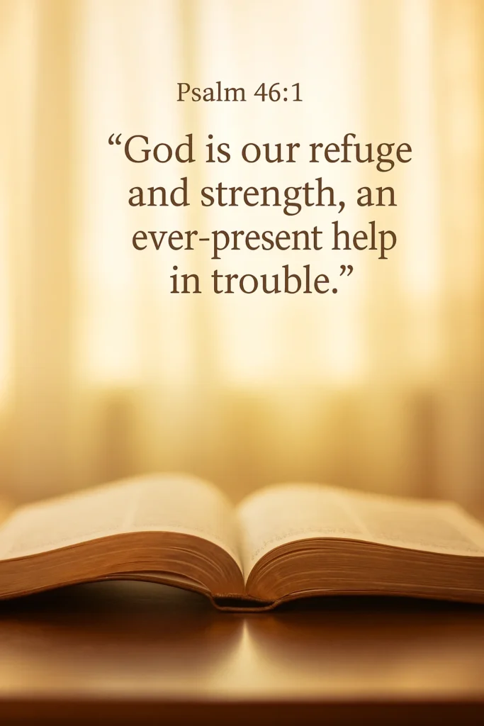 Open Bible in soft golden light with the verse Psalm 46:1 displayed above, symbolizing peace, comfort, and divine protection