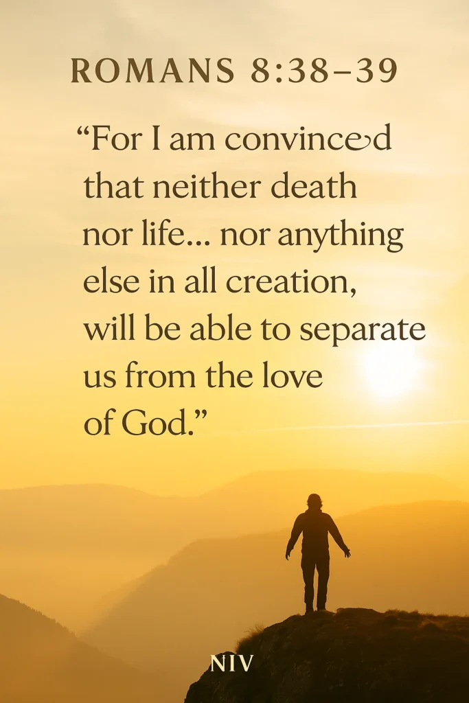 Silhouette of a person standing on a mountain cliff at sunrise, facing golden light with Romans 8:38–39 text — symbolizing courage, faith, and God’s unbreakable love.