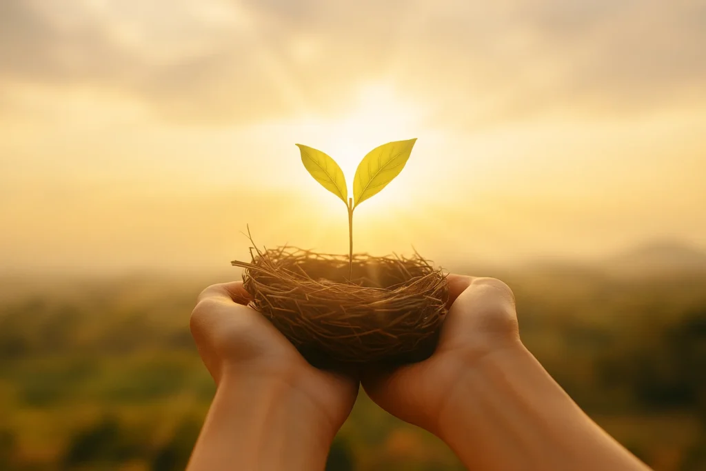 Two hands gently holding a bird’s nest with a green sapling in warm golden sunlight, symbolizing God’s protection, care, and new beginnings.