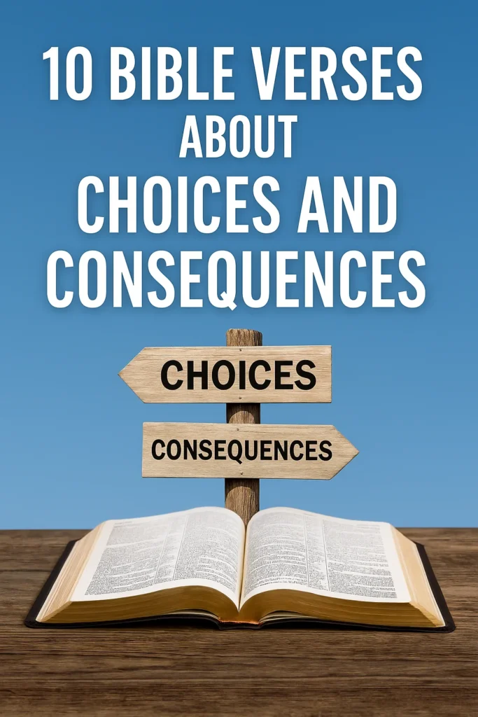 Pinterest pin showing open Bible and wooden sign with choices and consequences
