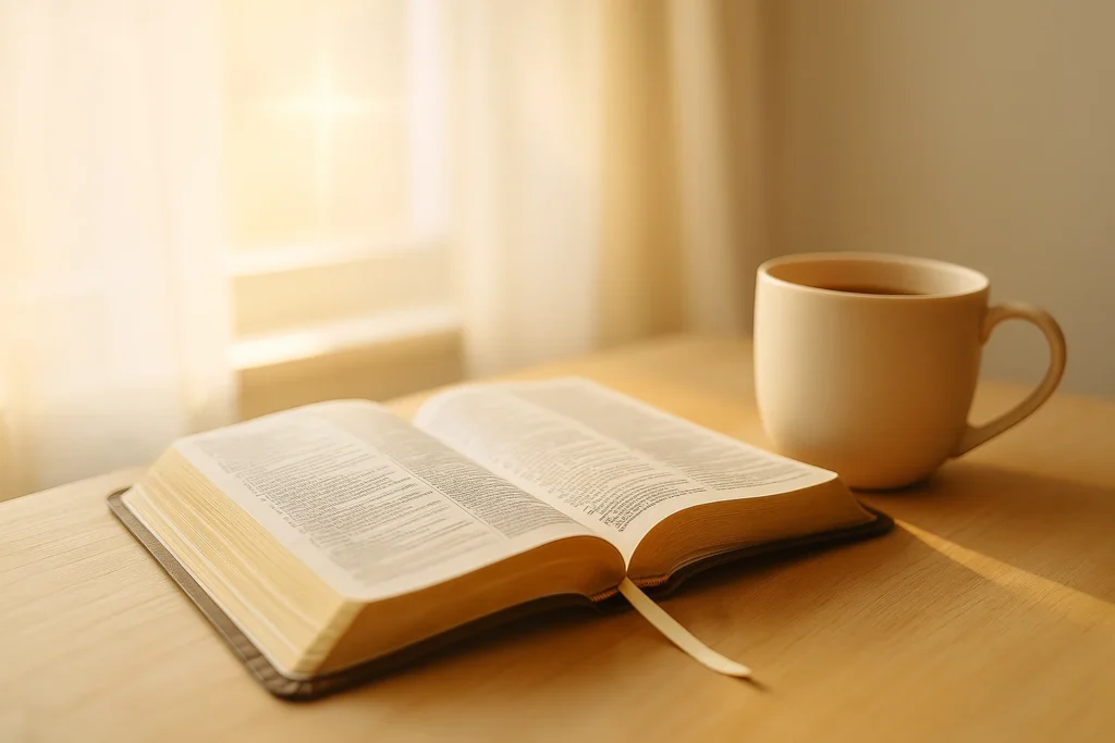 Best Devotional Bibles for New Christians - An open Bible resting on a wooden table bathed in soft golden sunlight, symbolizing faith, peace, and new beginnings for Christians.