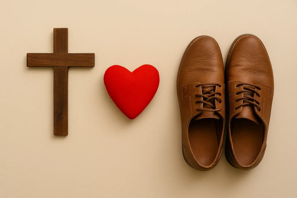 Bible Verses About a Father’s Love - Wooden cross, red heart, and brown shoes arranged on beige background symbolizing Bible verses about a father’s love and godly fatherhood.