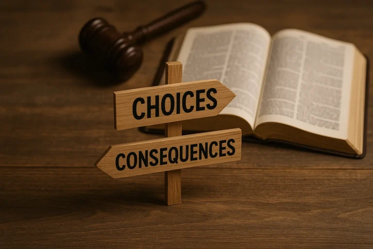 bible verses about choices and consequences - Open Bible with wooden sign showing choices and consequences