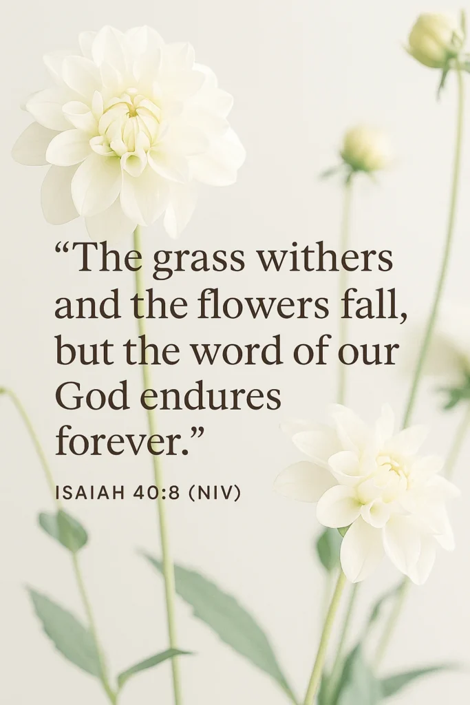 Pinterest image featuring the Bible verse “The grass withers and the flowers fall, but the word of our God endures forever” (Isaiah 40:8) with elegant typography over a soft golden, floral background symbolizing timeless faith.