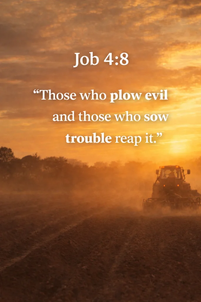 Bible verse Job 4:8 over a field at sunset showing sowing and reaping