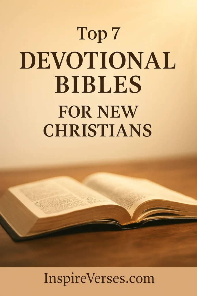 Pinterest image featuring the title “Top 7 Devotional Bibles for New Christians” over a serene background with an open Bible, soft golden sunlight, and calm Heavenly Light tones.