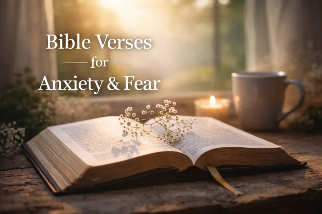 Woman reading an open Bible by a window, seeking comfort and peace from Bible verses for anxiety and fear