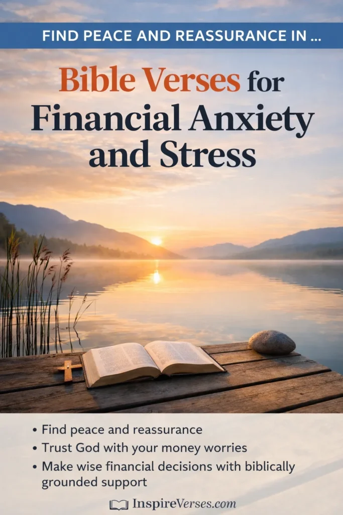 Bible verses for financial anxiety and stress pin showing a peaceful lakeside scene with an open Bible and the InspireVerses.com website