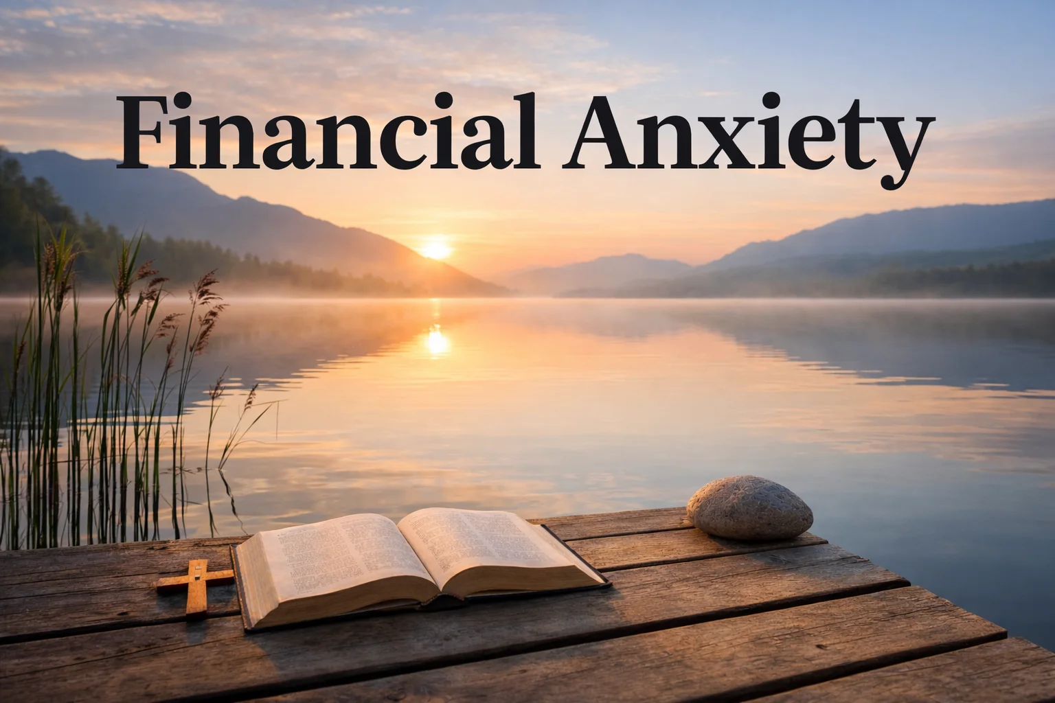 Bible verses for financial anxiety and stress shown over a peaceful lakeside scene with an open Bible on a wooden dock