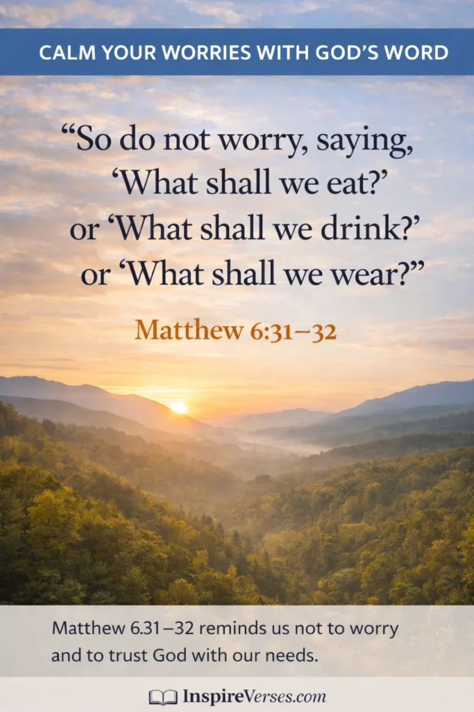 Matthew 6:31–32 Bible verse about worry displayed over a peaceful lakeside scene with an open Bible and InspireVerses.com
