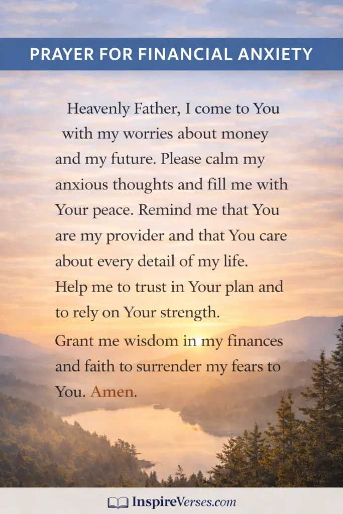 Prayer for financial anxiety asking God for peace and guidance displayed on a calming prayer card with InspireVerses.com