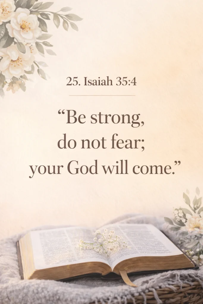 Isaiah 35:4 Bible verse pin with the words Be strong, do not fear; your God will come, displayed on a soft floral background