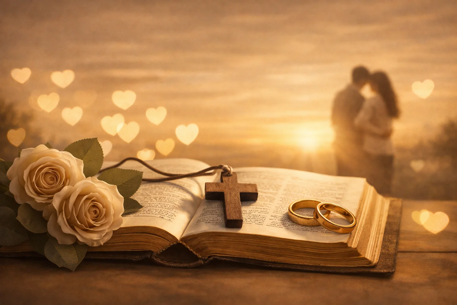 Open Bible with cross, wedding rings, and roses symbolizing bible verses about love and relationships