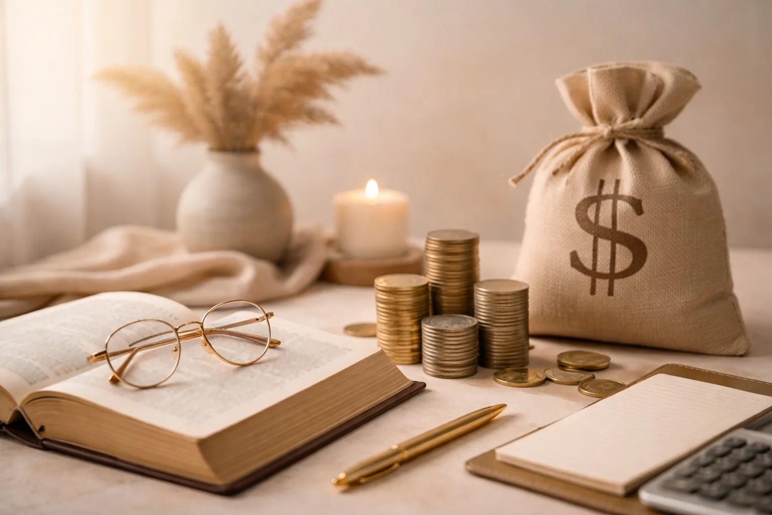 Open Bible with coins and money bag representing Bible verses about money, wealth, and financial blessings