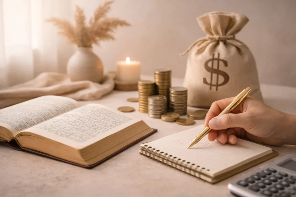 Open Bible with coins and notebook representing biblical money management, stewardship, and financial planning