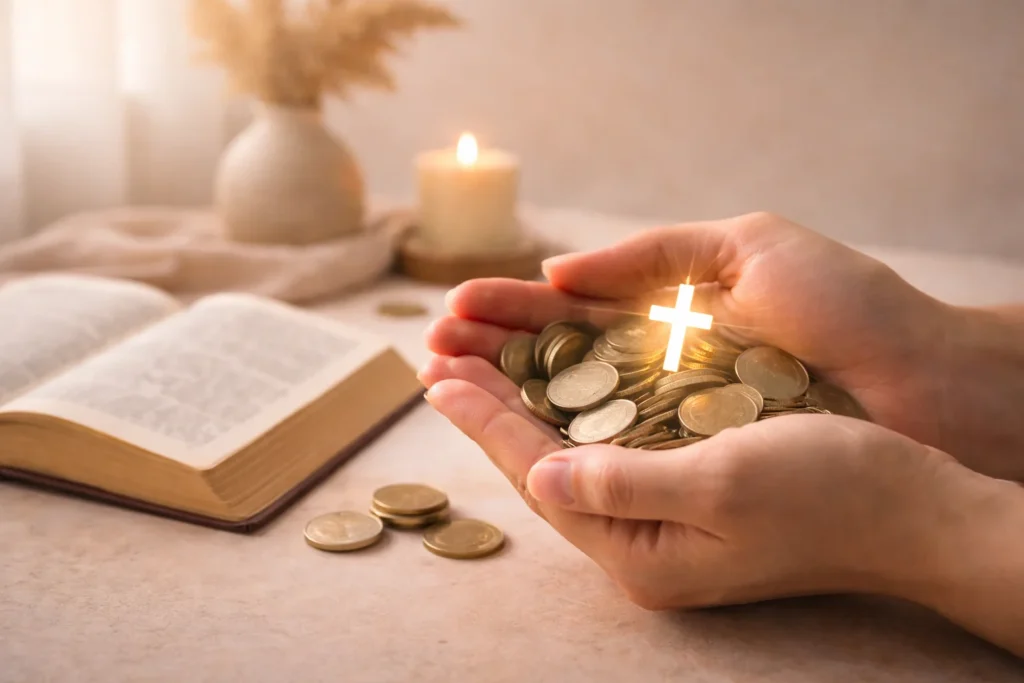 Hands holding coins with glowing cross symbolizing God’s provision, faith, and financial blessings in the Bible
