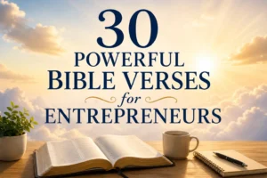 Heavenly themed featured image with Bible, notebook, and sunrise representing powerful Bible verses for entrepreneurs, business success, wisdom, and faith.