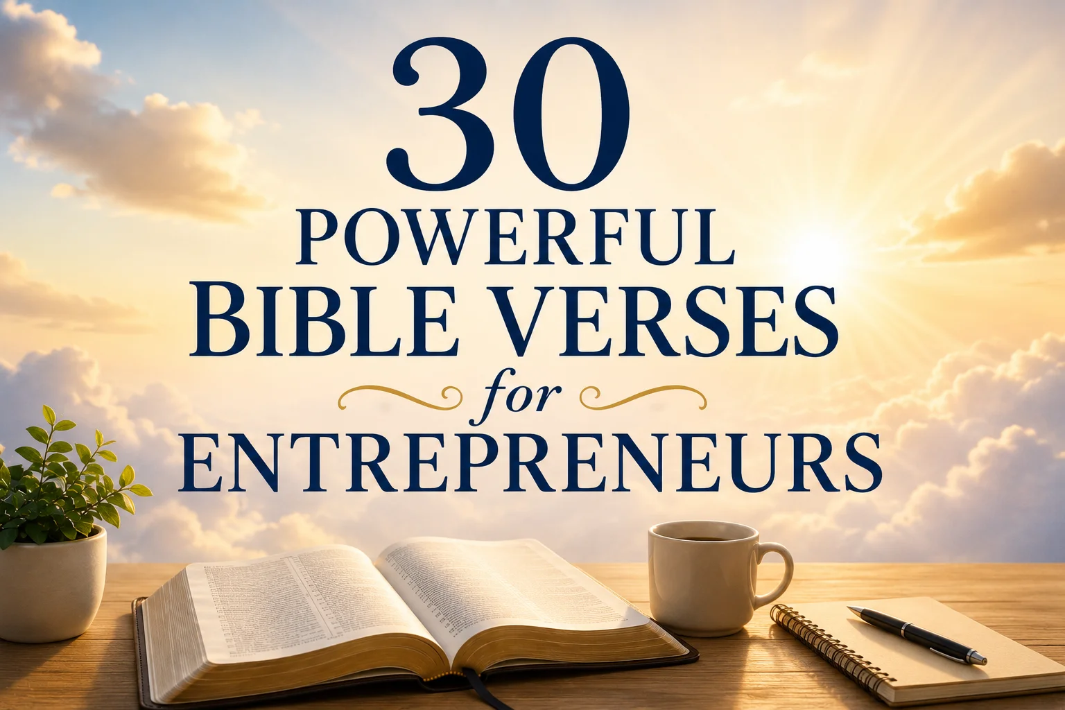 Heavenly themed featured image with Bible, notebook, and sunrise representing powerful Bible verses for entrepreneurs, business success, wisdom, and faith.