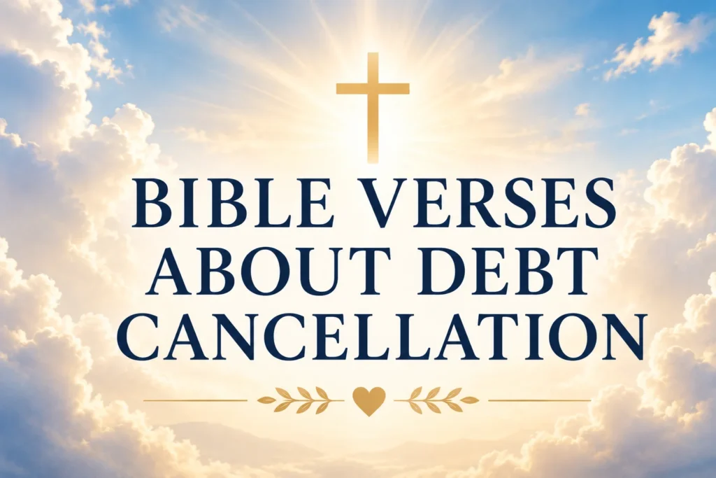 Heavenly themed featured image with glowing clouds and cross representing Bible verses about debt cancellation, financial freedom, God’s provision, and biblical financial wisdom.