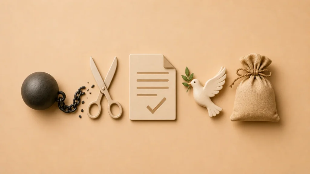 Minimal Christian featured image with broken chain, scissors, document, dove, and money bag symbolizing Bible Verses About Debt Cancellation, financial breakthrough, peace, and biblical restoration.