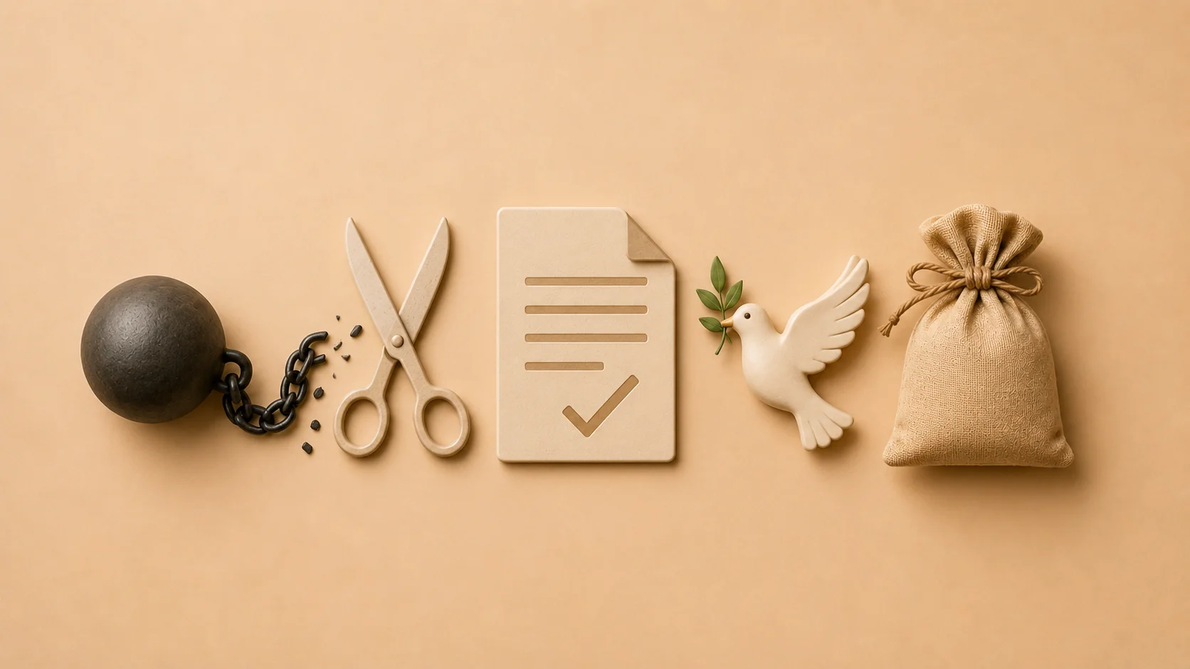 Minimal Christian featured image with broken chain, scissors, document, dove, and money bag symbolizing Bible Verses About Debt Cancellation, financial breakthrough, peace, and biblical restoration.
