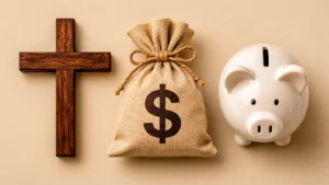 Minimal symbolic image with wooden cross, red heart, and wallet representing bible verses about financial stewardship, faith, money management, and Christian values.