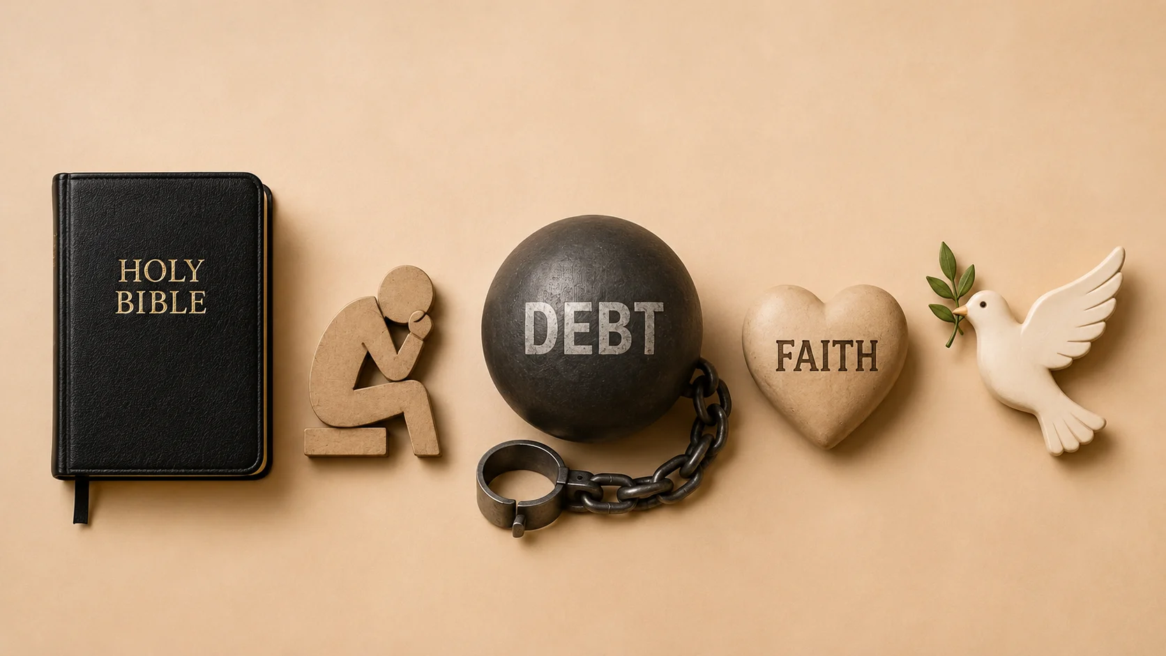 Symbolic Christian bible verses about financial struggles image featuring cross, Bible, hourglass, calculator, coins, praying hands, and worried figure representing faith during financial hardship and stress.