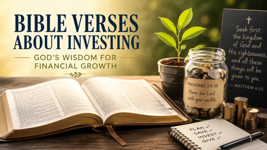 Open Bible with coins, growing plant, and financial planning notebook representing Bible verses about investing, stewardship, wealth building, and biblical financial wisdom.
