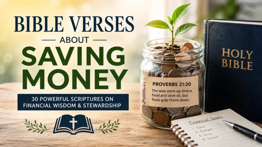 Bible, jar of coins, growing plant, and financial notebook representing Bible verses about saving money, stewardship, budgeting, and biblical financial wisdom.