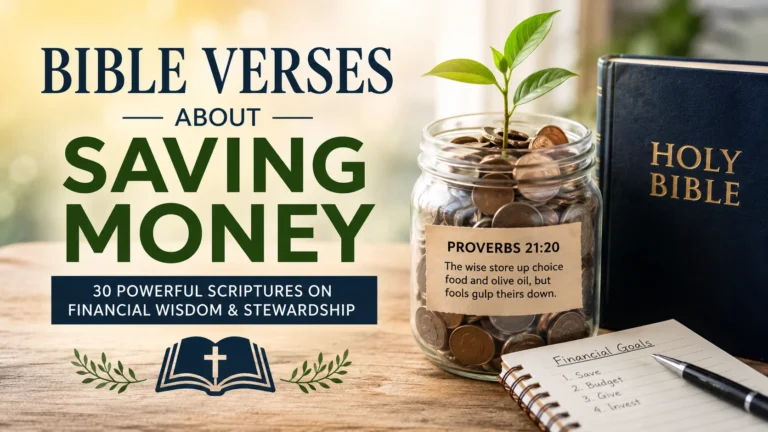 Bible, jar of coins, growing plant, and financial notebook representing Bible verses about saving money, stewardship, budgeting, and biblical financial wisdom.