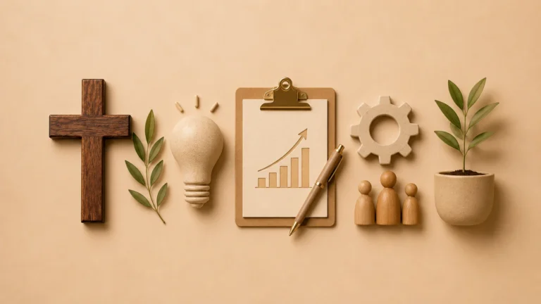 Minimal Christian featured image with cross, light bulb, growth chart, gear, pen, business figures, and plant symbolizing Bible Verses for Entrepreneurs, faith, business growth, leadership, and biblical wisdom.